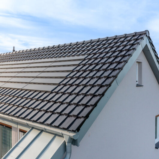 Noble space gray trend tile J160 with J160-PV in-roof module solution with initial pane and verges.